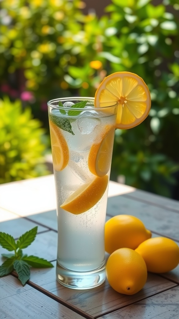 A glass of Lemonade Tequila Spritzer with lemon slices and mint on a patio table.